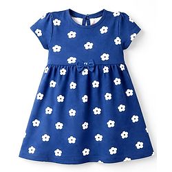 Babyhug Cotton Knit Half Sleeves Floral Printed Frock with Bow Applique & Bloomer - Navy Blue