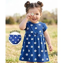 Babyhug Cotton Knit Half Sleeves Floral Printed Frock with Bow Applique & Bloomer - Navy Blue