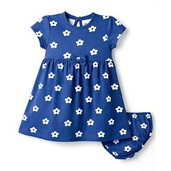 Babyhug Cotton Knit Half Sleeves Floral Printed Frock with Bow Applique & Bloomer - Navy Blue