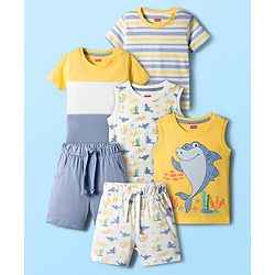 Babyhug Single Jersey Knit Half Sleeves T-Shirts & Shorts Sets With Stripes & Sea Life Print Pack of 4 - Yellow & White