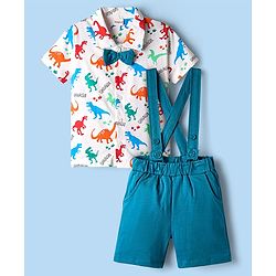 Babyhug 100% Cotton Single Jersey Knit Half Sleeves Dino Printed Shirt & Shorts Set With Attached Suspender & Bow Applique - White & Blue