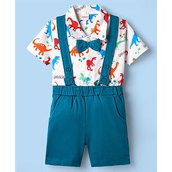 Babyhug 100% Cotton Single Jersey Knit Half Sleeves Dino Printed Shirt & Shorts Set With Attached Suspender & Bow Applique - White & Blue