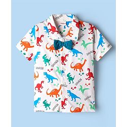 Babyhug 100% Cotton Single Jersey Knit Half Sleeves Dino Printed Shirt & Shorts Set With Attached Suspender & Bow Applique - White & Blue