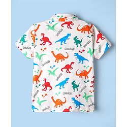Babyhug 100% Cotton Single Jersey Knit Half Sleeves Dino Printed Shirt & Shorts Set With Attached Suspender & Bow Applique - White & Blue