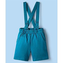 Babyhug 100% Cotton Single Jersey Knit Half Sleeves Dino Printed Shirt & Shorts Set With Attached Suspender & Bow Applique - White & Blue