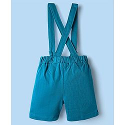 Babyhug 100% Cotton Single Jersey Knit Half Sleeves Dino Printed Shirt & Shorts Set With Attached Suspender & Bow Applique - White & Blue