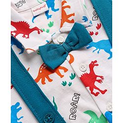 Babyhug Single Jersey Knit Half Sleeves Dino Printed Shirt & Shorts Set With Attached Suspender & Bow Applique - White & Blue