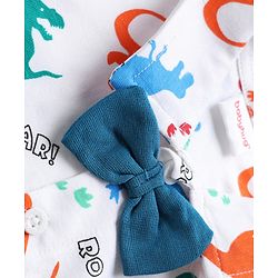 Babyhug Single Jersey Knit Half Sleeves Dino Printed Shirt & Shorts Set With Attached Suspender & Bow Applique - White & Blue