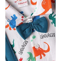 Babyhug Single Jersey Knit Half Sleeves Dino Printed Shirt & Shorts Set With Attached Suspender & Bow Applique - White & Blue