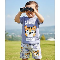 Babyhug Single Jersey Knit Half Sleeves T-Shirt  & Shorts Set Animal Print - Lavender