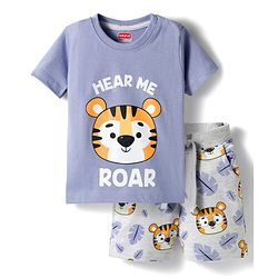 Babyhug Single Jersey Knit Half Sleeves T-Shirt  & Shorts Set Animal Print - Lavender