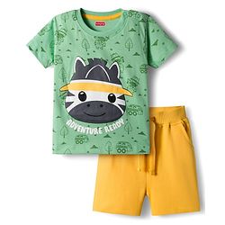 Babyhug Single Jersey Knit Half Sleeves T-Shirt and Shorts Set with Giraffe Print - Green & Yellow