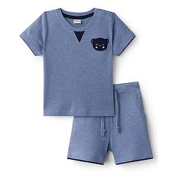 Babyhug Single Jersey Knit  Half Sleeves Textured T-Shirt & Shorts Set With Teddy Patch Embroidery - Blue