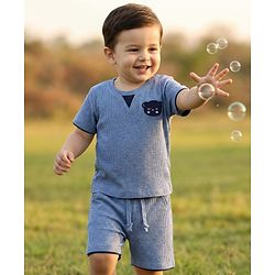 Babyhug Single Jersey Knit  Half Sleeves Textured T-Shirt & Shorts Set With Teddy Patch Embroidery - Blue