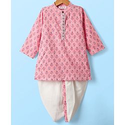 Babyhug Cotton Woven Full Sleeves Kurta Dhoti Set With Floral Print - Pink