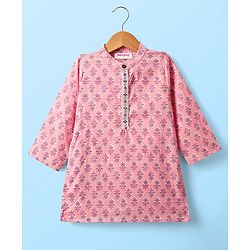 Babyhug Cotton Woven Full Sleeves Kurta Dhoti Set With Floral Print - Pink