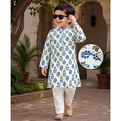 Babyhug Cotton Woven Full Sleeves Kurta & Pyjama Set With Floral Print - White