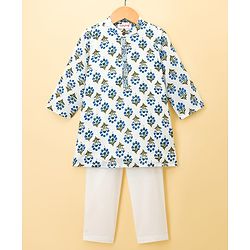 Babyhug Cotton Woven Full Sleeves Kurta & Pyjama Set With Floral Print - White