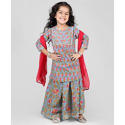 Babyhug Cotton Woven Three Fourth Sleeves Floral Printed Kurti Lehenga Set with Dupatta - Light Blue