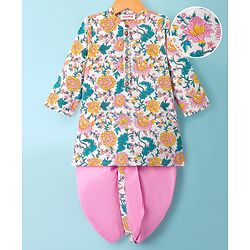 Babyhug Cambric Woven Full Sleeves Kurta Dhoti Set With Floral Print - Pink
