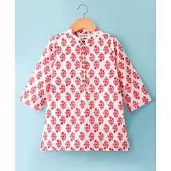 Babyhug Cotton Woven Full Sleeves Cambric Printed Kurta Dhoti Set with Digital Floral Print - White & Pink