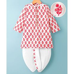 Babyhug Cotton Woven Full Sleeves Cambric Printed Kurta Dhoti Set with Digital Floral Print - White & Pink
