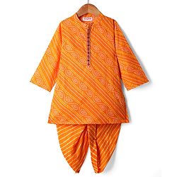 Babyhug Cambric Woven Full Sleeves Bandhani Printed Kurta With Dhoti Set - Orange