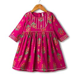 Babyhug Cotton Woven Three Fourth Sleeves Ethnic Dress with Floral Print - Dark Pink