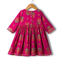 Babyhug Cotton Woven Three Fourth Sleeves Ethnic Dress with Floral Print - Dark Pink