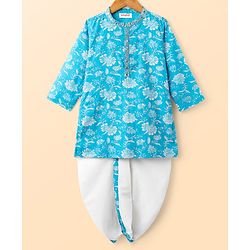 Babyhug Cotton Woven Full Sleeves Kurta & Dhoti Set with Floral Print - Light Blue & White