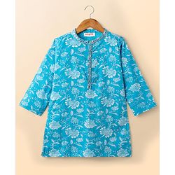 Babyhug Cotton Woven Full Sleeves Kurta & Dhoti Set with Floral Print - Light Blue & White