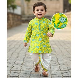 Babyhug Cotton Woven Full Sleeves Kurta Dhoti Set with Floral Print - Yellow