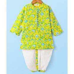 Babyhug Cotton Woven Full Sleeves Kurta Dhoti Set with Floral Print - Yellow