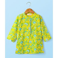 Babyhug Cotton Woven Full Sleeves Kurta Dhoti Set with Floral Print - Yellow