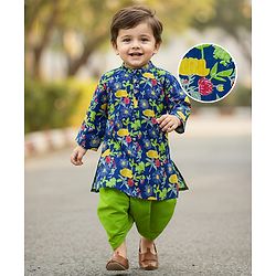 Babyhug Cotton Woven Full Sleeves Kurta Dhoti Set Floral Print - Blue