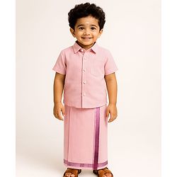 Babyhug Woven Half Sleeves Solid Shirt & Mundu Set - Plum