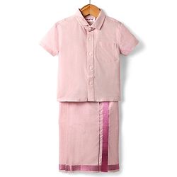 Babyhug Woven Half Sleeves Solid Shirt & Mundu Set - Plum