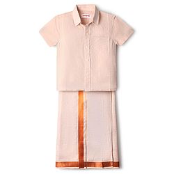 Babyhug Woven Half Sleeves Solid Shirt & Mundu Set - Peach