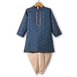 Babyhug Woven Full Sleeves Kurta Dhoti Set With Foil Print - Teal Blue