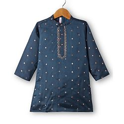 Babyhug Woven Full Sleeves Kurta Dhoti Set With Foil Print - Teal Blue