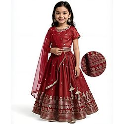 Babyhug Woven Half Sleeves Lehenga Choli With Dupatta Set Embroidery & Sequin - Maroon