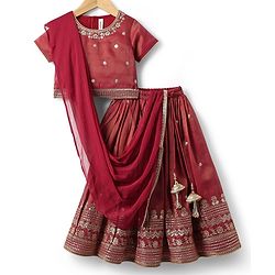 Babyhug Woven Half Sleeves Lehenga Choli With Dupatta Set Embroidery & Sequin - Maroon
