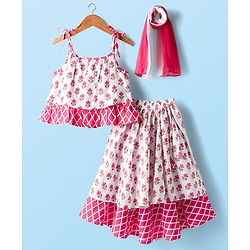 Babyhug 100% Cotton Sleeveless Floral Cambric Printed Lehenga & Choli Set With Dupatta - Pink & White