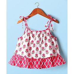 Babyhug 100% Cotton Sleeveless Floral Cambric Printed Lehenga & Choli Set With Dupatta - Pink & White