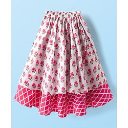 Babyhug 100% Cotton Sleeveless Floral Cambric Printed Lehenga & Choli Set With Dupatta - Pink & White