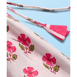 Babyhug 100% Cotton Sleeveless Floral Cambric Printed Lehenga & Choli Set With Dupatta - Pink & White