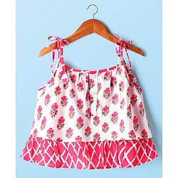Babyhug 100% Cotton Sleeveless Floral Cambric Printed Lehenga & Choli Set With Dupatta - Pink & White