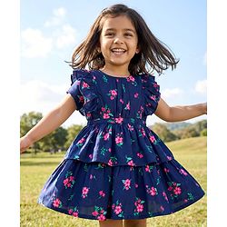 Babyhug Cotton Woven Half Sleeves Frock with Floral Print - Navy Blue