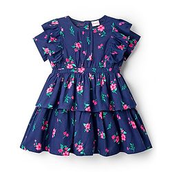Babyhug Cotton Woven Half Sleeves Frock with Floral Print - Navy Blue