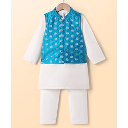 Babyhug Woven Full Sleeves Embroidered Kurta Pajama Set With Brocade Jacket - White